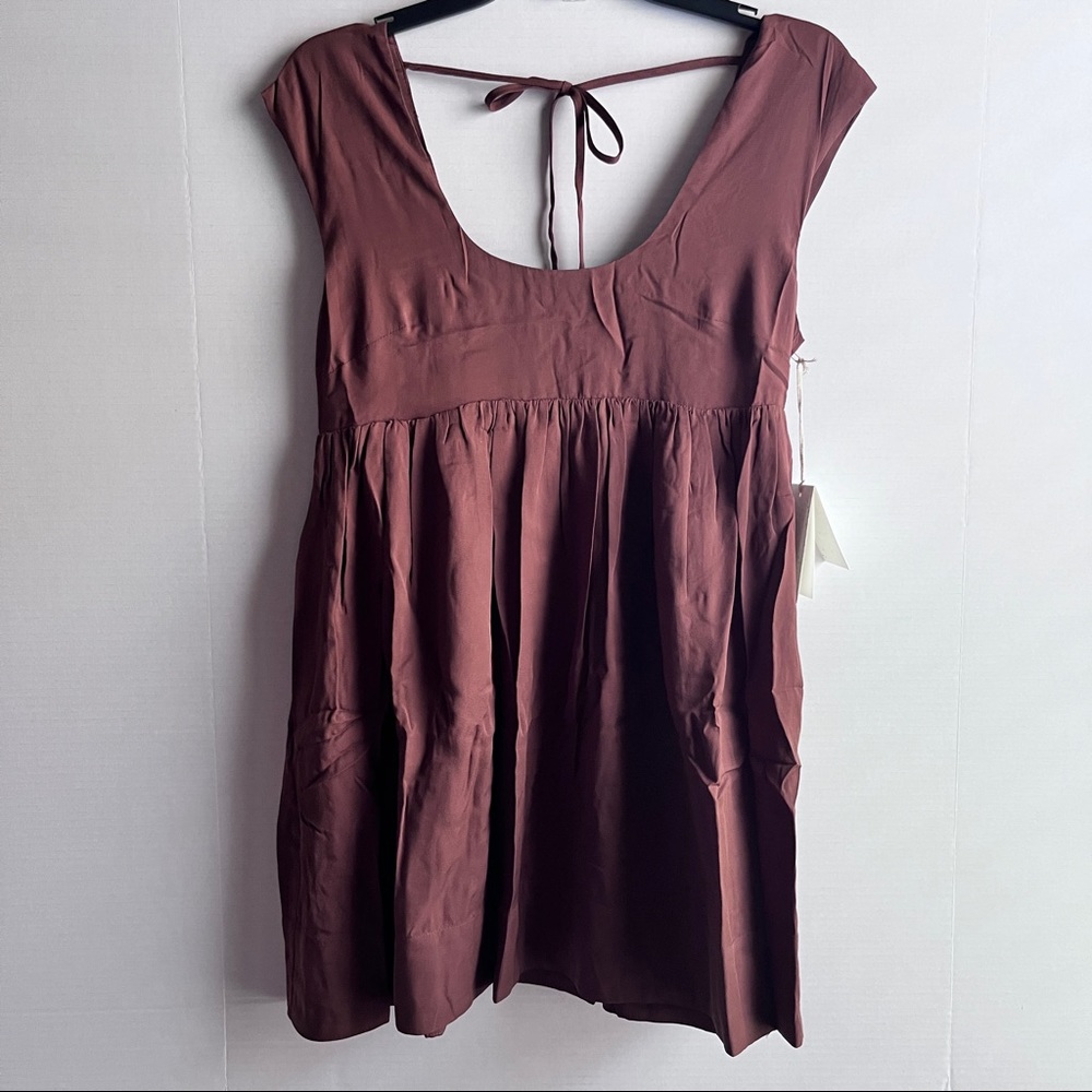 Anna Nata Brown Babydoll Mini Dress Empire Waist Cap Sleeve Pockets Scoop XS NEW - Picture 2 of 10